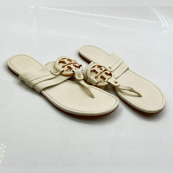 TORY BURCH Amanda ivory PEBBLE LEATHER FLAT THONG SANDALS - SIZE 11M - Picture 2 of 9